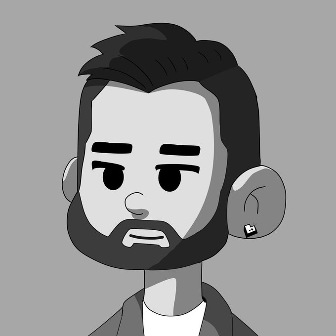 A grayscale cartoon/illustrated portrait of a bearded man with styled black hair, looking slightly to the side with a neutral expression.