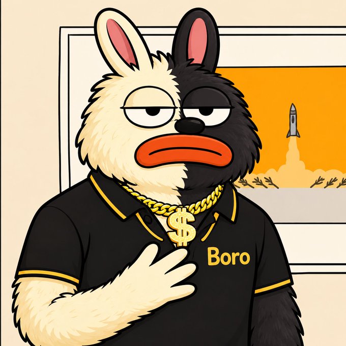 An illustrated cartoon character that is half white and half black furry creature with bunny ears, wearing a gold chain with a dollar sign pendant and a black polo shirt labeled 'Boro', with a rocket launch in the background.
