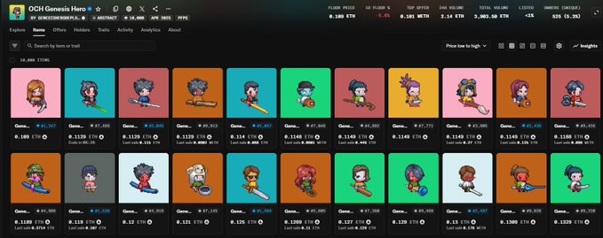 The image features an array of cartoon characters displayed across multiple columns against a brown background. The characters include various types such as people, animals, and objects like boats and cars. The text "Buying an @onchainheroes NFT right now gives you exposure to: MoG v2 OCH Wolrd" suggests that the characters are part of a digital art collection or NFT (Non-Fungible token) exchange. The post also mentions other games still to be announced, indicating that there is more content available for collectors and enthusiasts in this particular niche.