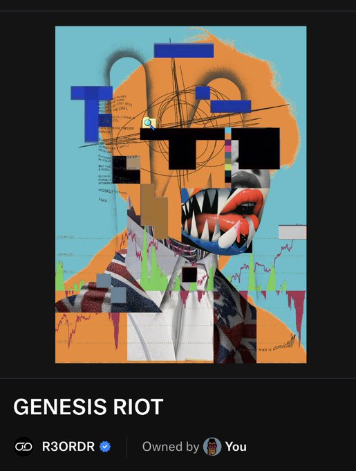 The image features a digital art piece titled "Genesis Riot" by an artist named Genesis R3ORDR. The artwork consists of a collage that includes a face with multiple colors, as well as other elements such as a map or graph. The post also mentions that this is the only piece in the collection with different names and that it's worth 6,942 NFTs.