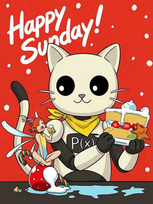 A 'Happy Sunday!' illustration featuring a robot-like cat holding a slice of strawberry cake, with a small character sitting on a melting snowman at its feet.