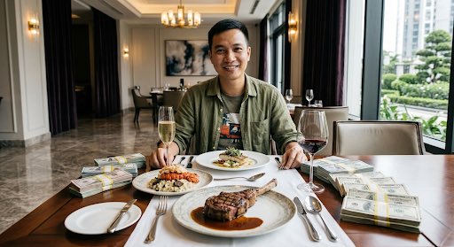 A smiling young Asian man sitting at a luxurious restaurant table set with a steak meal, wine glasses, stacks of cash, and bundles of money, with a city skyline view through the windows.
