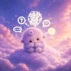 A cute fluffy white animated creature sits on a cloud at sunset with thought and question bubbles floating above its head.