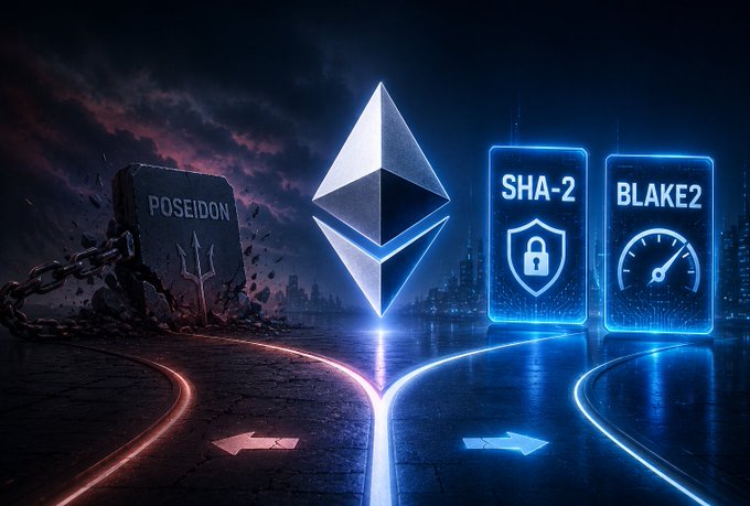 Ethereum graphic depicting a fork between 'POSEIDON' (represented by a chained tombstone) and a modernized path featuring 'SHA-2' security and 'BLAKE2' speed icons, with illuminated road signs pointing in different directions.