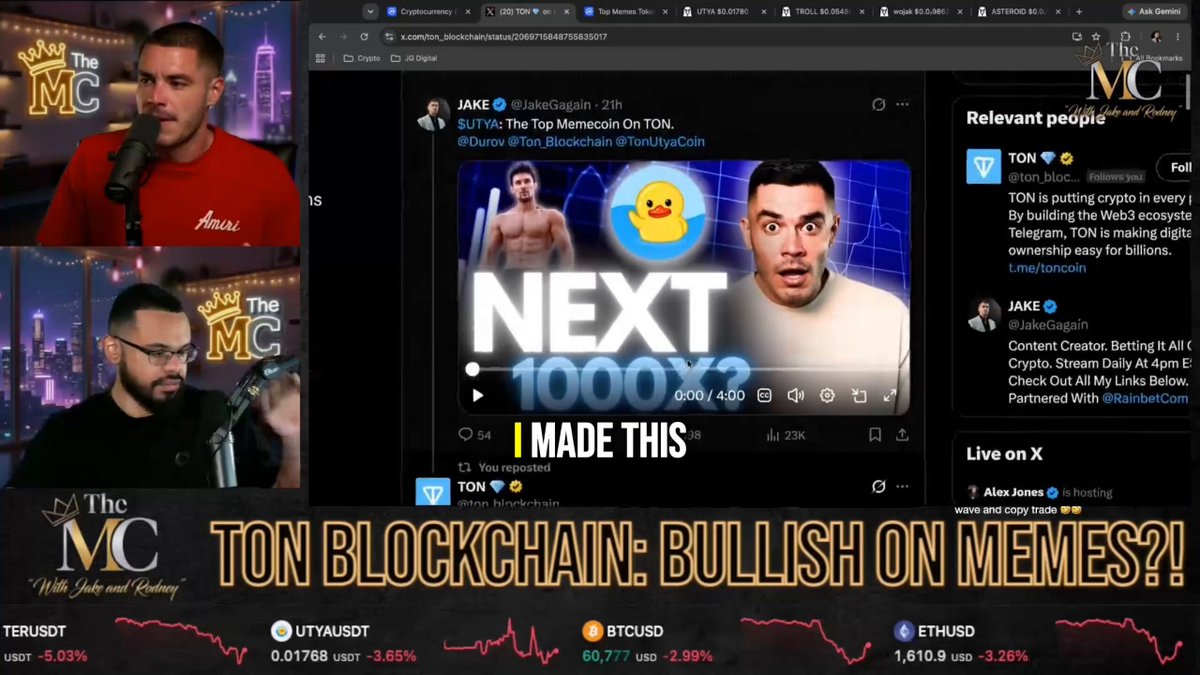 Jake and Rodney host a livestream discussion titled "TON BLOCKCHAIN: BULLISH ON MEMES?!" featuring Jake's $UTYA video ("NEXT 1000X?") and market tickers showing declines (BTCUSD -2.99%, ETHUSD -3.26%, UTYAUSD -3.65%).