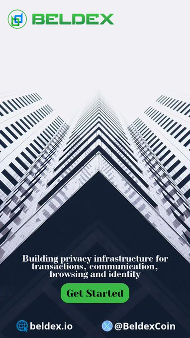 Beldex promotional graphic featuring its logo, a striking upward-perspective view of skyscrapers, and the tagline "Building privacy infrastructure for transactions, communication, browsing and identity," with a green "Get Started" button and links to beldex.io and @BeldexCoin—visually reinforcing the post's message about Beldex building a confidential, decentralized web.