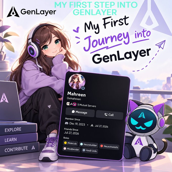 Anime-style illustration titled 'My First Step into GenLayer' featuring a brown-haired girl in purple headphones, a Discord-style profile for 'Mahreen (@xrmahreen)', a cat-like robot mascot, and books labeled EXPLORE, LEARN, and CONTRIBUTE.
