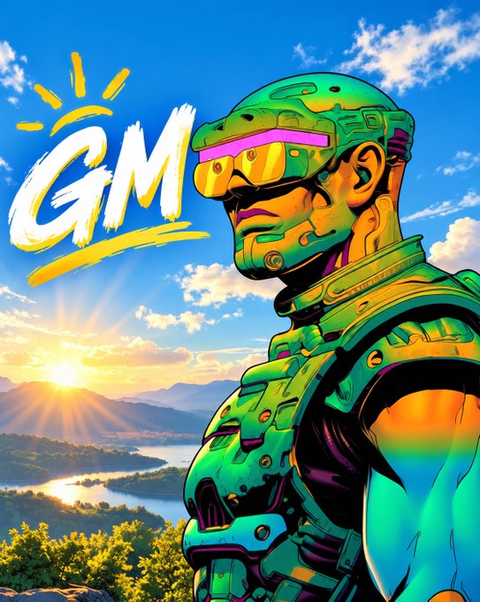 A digital illustration of a futuristic cyborg in green and gold armor wearing sunglasses, set against a sunset landscape with 'GM' in bold yellow text.