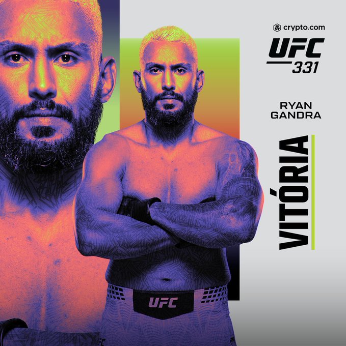 Ryan Gandra celebrates his knockout victory at UFC 331, as featured in a stylized graphic with "VITÓRIA" (Portuguese for "victory") displayed alongside the Crypto.com-sponsored event logo, promoting the live broadcast on Paramount+ BR.