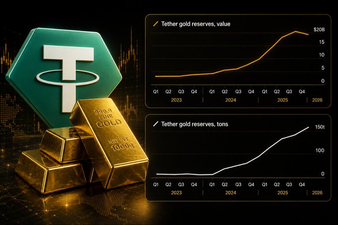 A graphic showing the Tether (USDT) logo alongside gold bars, with two charts displaying the growth of Tether gold reserves in value (reaching $20B) and in tons (reaching 150) from 2023 to 2026.