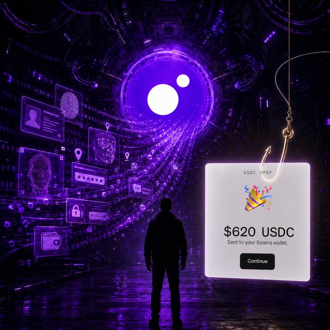 A shadowy figure stands before a glowing purple digital vortex filled with data icons (fingerprint, profile, wallet), while a phishing-style hook dangles a "$620 USDC" airdrop notification reading "USDC DROP, Sent to your Solana wallet" with a "Continue" button — visually echoing the post's warning that users traded personal data for free crypto airdrops via Moonpay.