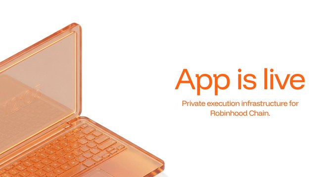 The image features an orange-tinted laptop beside bold text reading "App is live — Private execution infrastructure for Robinhood Chain," announcing the launch of a new trading app tied to the Robinhood Chain. This aligns with the post celebrating a token launch on v4dotfun by Ordofi and expressing interest in bringing Jito's infrastructure to Robinhood Crypto.
