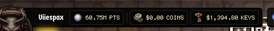 A pixel-art style user profile bar displays the username 'Uliespax' with 60.75M PTS, $0.00 COINS, and $1,394.80 KEYS.
