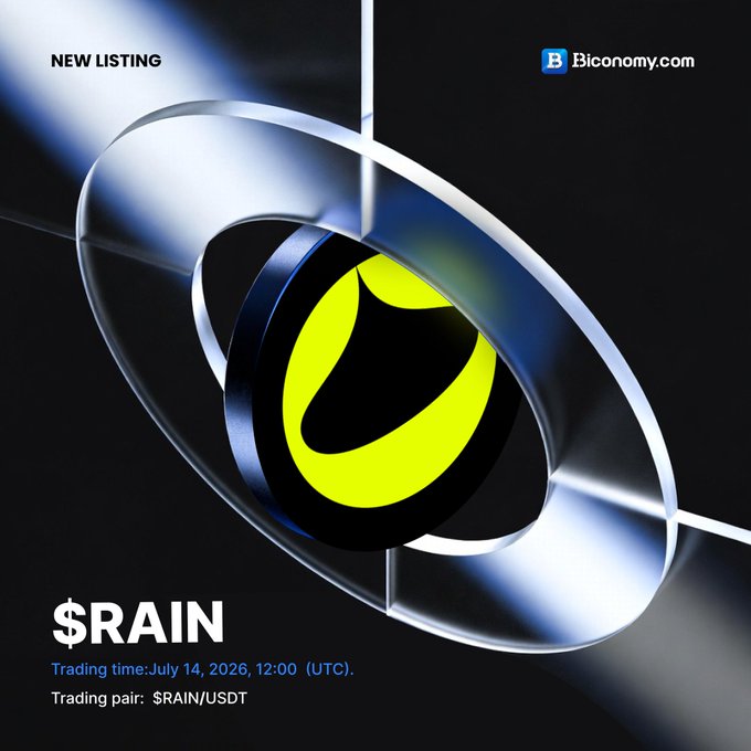 A promotional graphic from Biconomy.com announcing a new listing for the cryptocurrency token '$RAIN' (trading pair: $RAIN/USDT), with a trading time of July 14, 2026, 12:00 (UTC).