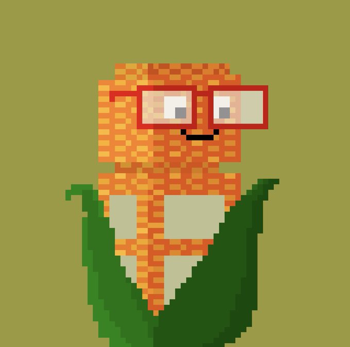 The image features an anthropomorphized corn cob with glasses and a green leafy stem. The corn cob has a face and arms, giving it a unique appearance that resembles a person. It appears to be smiling at the camera, adding a friendly and approachable vibe to the scene. The post includes text that reads "Looks like I got this bitcorn blockhead as airdrop for holders of punk royale, thank you @BTC_MIO Blockheads look so cool, there are a lot of traits here and it's all compiled really well". This suggests that someone has created an interesting and eye-catching digital artwork or meme featuring the corn cob with glasses.