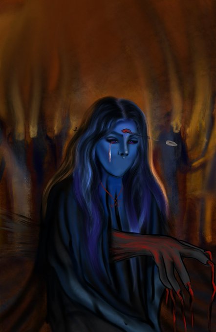A dark, moody digital painting depicts a blue-skinned woman with long hair crying, with blood-like red liquid dripping from her outstretched hand.