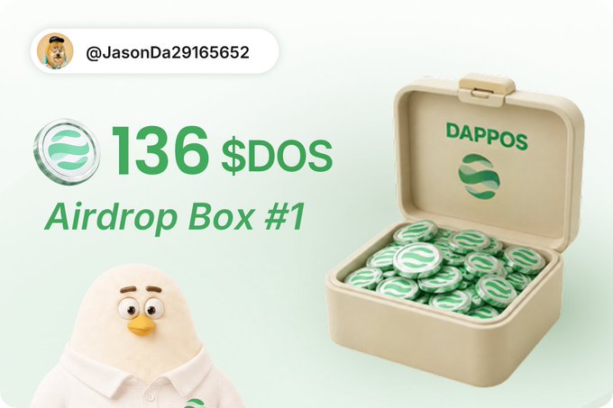 A promotional graphic from @JasonDa29165652 advertises a "136 $DOS Airdrop Box #1" featuring a DAPPOS branded box filled with green tokens next to a white duck figure.