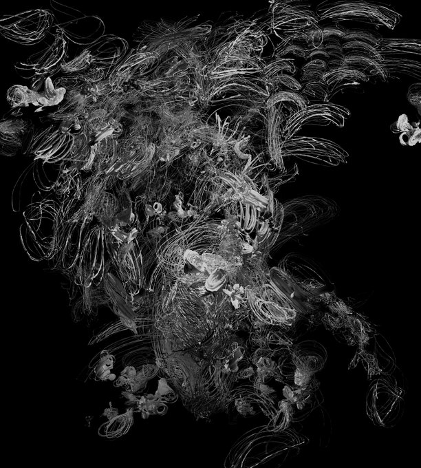 A chaotic black-and-white abstract digital artwork with swirling white and gray forms resembling smoke or underwater creatures against a pure black background.