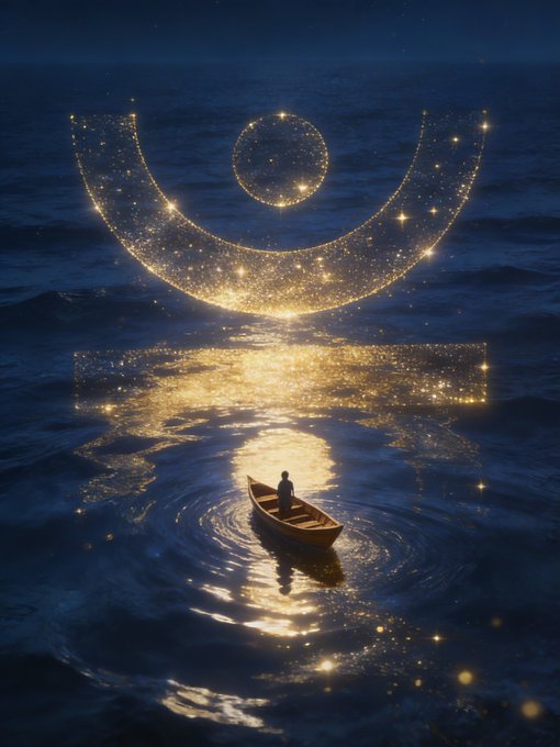 A lone figure in a small boat floats on calm, star-reflected waters beneath a glowing golden crescent and circle, symbolizing a solitary traveler drawn toward a radiant, mysterious light. The image evokes the post's message about sustained engagement in DeFi ecosystems—just as the boatman is pulled forward by the celestial glow, users are naturally drawn back to protocols that deepen liquidity and grow stronger with each return visit.