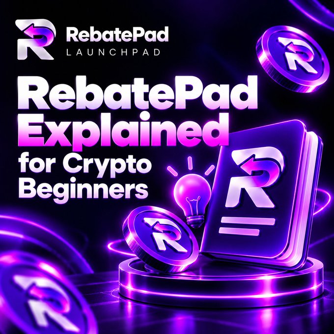 A purple-themed promotional graphic titled 'RebatePad Explained for Crypto Beginners' featuring the RebatePad Launchpad logo, a book, a lightbulb, and branded coin tokens.