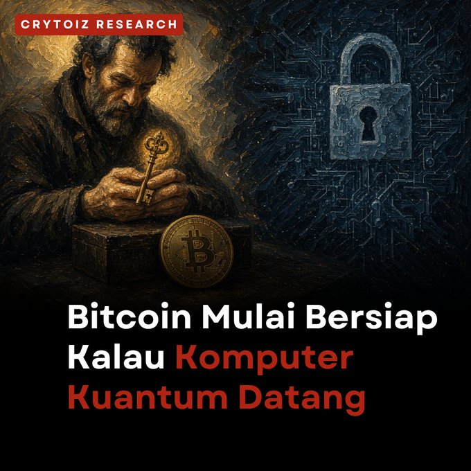 A Cryptoiz Research graphic titled 'Bitcoin Mulai Bersiap Kalau Komputer Kuantum Datang' depicting a bearded man holding a key with a Bitcoin and a digital padlock.