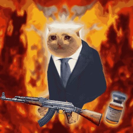 A surreal image of a cat wearing a suit and tie with glowing eyes, holding an AK-47 rifle next to a vial, set against a fiery background.