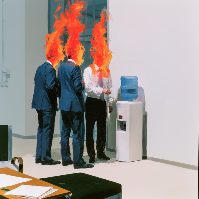 Three businessmen in suits stand around a water cooler with their heads engulfed in flames, visually literalizing the "water cooler talk" idiom—a piece now available on @SuperRare.