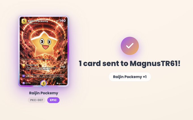 The image shows a "Raijin Pockemy" epic card (PKC-007) featuring a star character with a "Thunder God" attack (110 damage), with confirmation that "1 card sent to MagnusTR6I!" — illustrating the giveaway prize being delivered to one of the winners from the Thunder God Pockemy Card giveaway event.