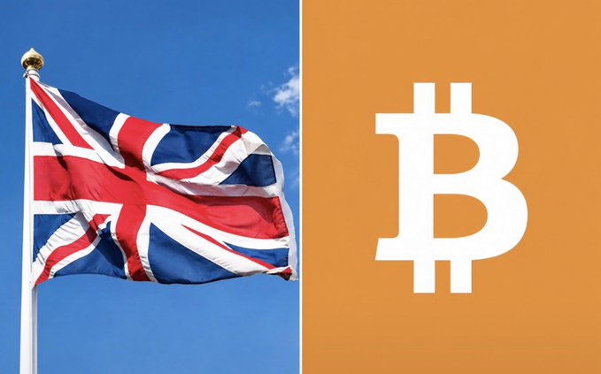 The British Union Jack flag waves on a flagpole next to an orange panel displaying the white Bitcoin (₿) logo.