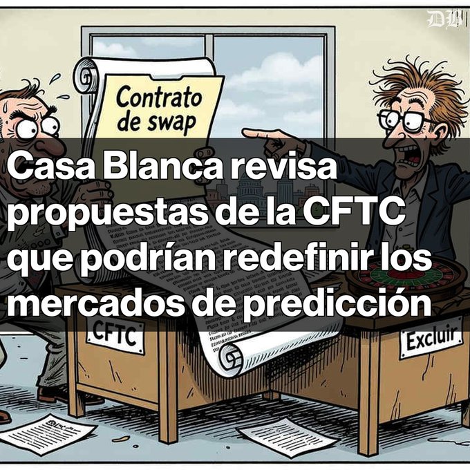 A cartoon illustration showing two men arguing over a large scroll labeled 'Contrato de swap,' with Spanish text overlay reading 'Casa Blanca revisa propuestas de la CFTC que podrían redefinir los mercados de predicción,' referencing the CFTC and 'Excluir.'