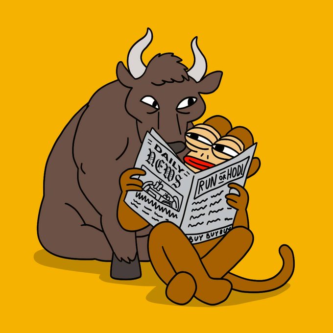 A cartoon illustration of a bull and a monkey sitting together reading a 'DAILY NEWS' newspaper with headlines 'RUN on HODL' and 'BUY BUY BUY' against an orange background.