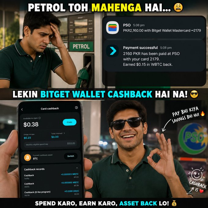 A promotional graphic with text "PETROL TOH MAHENGA HAI... LEKIN BITGET WALLET CASHBACK HAI NA!" showing a man at a petrol pump, payment notification screenshots, and a phone displaying "Card cashback" with "$0.38" claimable, plus the tagline "SPEND KARO, EARN KARO, ASSET BACK LO."