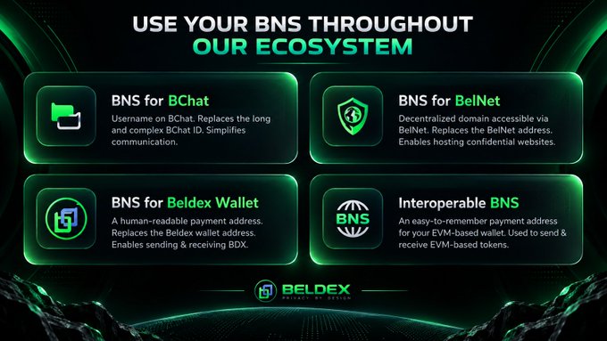 A promotional graphic titled 'USE YOUR BNS THROUGHOUT OUR ECOSYSTEM' explaining Beldex Naming System uses for BChat, Bainet, Wallet, and interoperable payments.