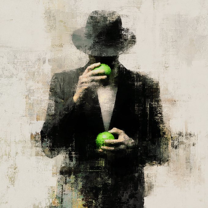 A textured, painterly artwork depicts a faceless man in a black suit and fedora, holding two bright green apples against an abstract beige background.