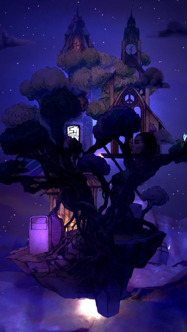 A stylized digital illustration of a floating island with a large, dark, twisted tree, a house with a glowing window, and Gothic-style towers against a starry purple night sky.