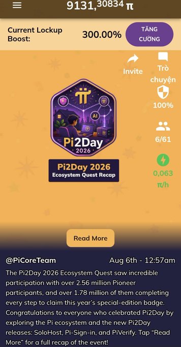 Screenshot of a mobile app displaying a 'Pi2Day 2026 Ecosystem Quest Recap' badge with 300.00% Current Lockup Boost and a balance of 9131.30834 π.