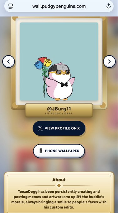 The image shows a Pudgy Penguin NFT artwork by @Jburg11 (#12887) featuring a penguin wearing a black bowtie, gold-rimmed glasses, and a backward cap while holding a bouquet of colorful roses. The webpage from pudgypenguins.com displays this artwork on the "Wall of Penguins," directly illustrating the post's celebration of being featured on this honorary wall.