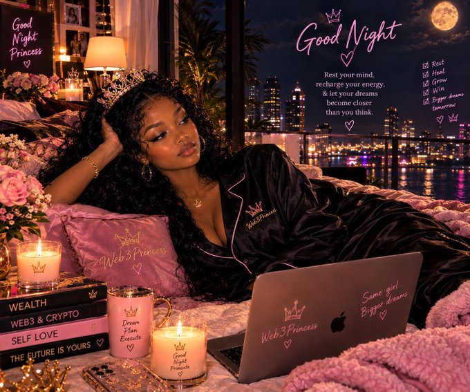A glamorous promotional image featuring a woman in black pajamas reclining in a luxurious room with a city skyline view, surrounded by text including 'Good Night', 'Web3 Princess', 'Rest Heal Grow Win', and books titled 'WEALTH', 'WEB3 & CRYPTO', 'SELF LOVE', and 'THE FUTURE IS YOURS'.