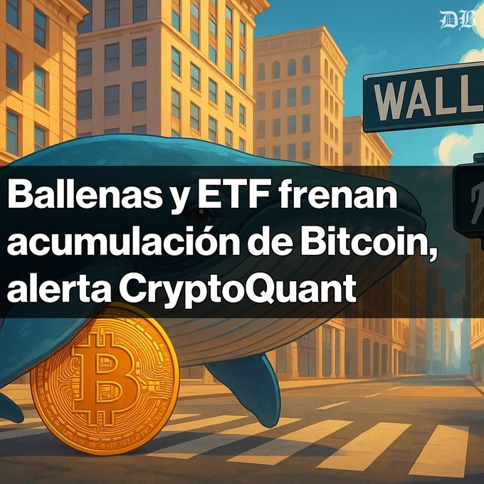 The image features an illustration of a whale with its head above a gold coin, which appears to be a Bitcoin. The text in the image reads "ALERTA: La acumulación de Bitcoin frena con una grave contracción en los balances de ballenas". This suggests that there is a connection between the whale and the Bitcoin, possibly indicating an alert or warning related to the cryptocurrency market.