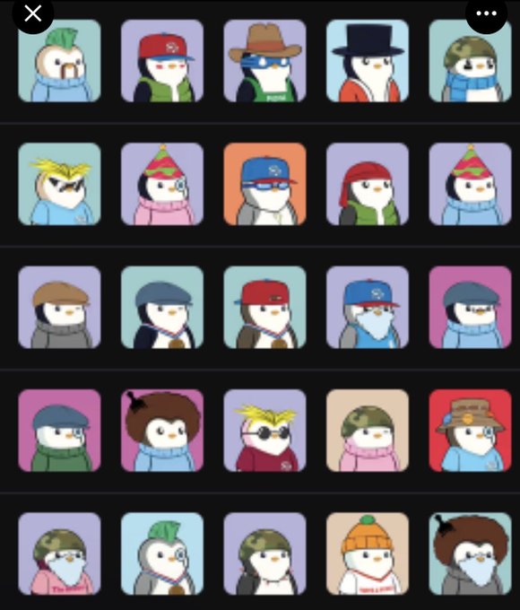 A grid of 25 Pudgy Penguin NFT profile pictures showcases a variety of hats, hoodies, and accessories, reflecting the diverse traits in the collection. The caption "Good holder ratio · Pudgy season · Soon" suggests excitement about the Pudgy Penguins NFT community, emphasizing holder dedication and hinting at an upcoming event or reveal.