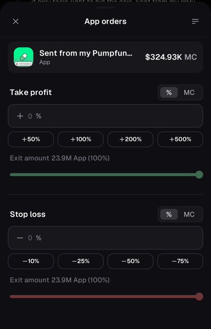 A mobile screenshot of the Pumpfun app displaying limit order settings for "Sent from my Pumpfun..." with a market cap of $324.93K MC, featuring Take Profit and Stop Loss configuration sliders at 0% with 100% exit amounts of 23.9M App tokens.