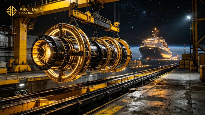The image shows a large yellow crane lifting a black machine with gold lights over some tracks at night. The crane is being used for loading or unloading purposes. The scene also includes a ship, which could be a cruise ship, as well as a train in the background. There are two people visible in the image, one near the center and another closer to the right side of the frame.