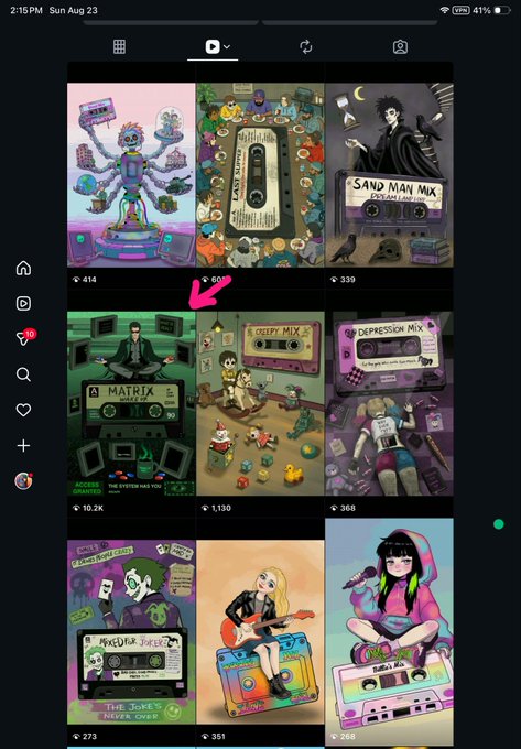 A screenshot of an Instagram profile showing a grid of cassette tape artwork illustrations, with a pink arrow pointing to a post titled 'G MATHIA S' that has 10.2K likes.
