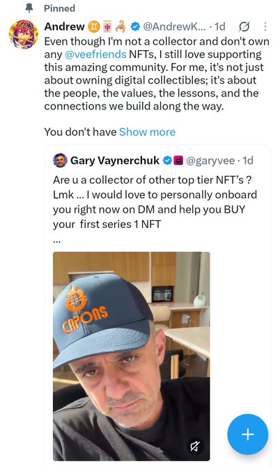 A pinned Twitter post by Andrew (@AndrewK...) clarifying he is not a collector, responding to Gary Vaynerchuk (@garyvee) who had asked about buying other top tier NFTs.