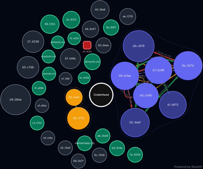 A SleuthX visualization showing a network graph of cryptocurrency wallet connections centered on 'RobinHood', with various colored clusters including blue nodes labeled d0..c878, 8a..327b, and 05..4ebf, along with smaller circles labeled with partial addresses and crypto-related entities like 'cryptonic.cro' and 'cryptox.cro'.