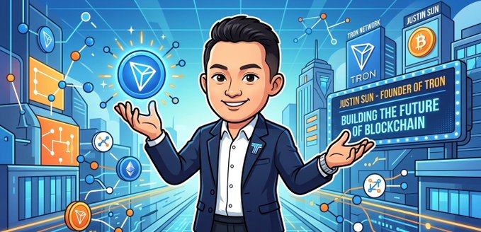 The image features a cartoon man wearing a suit standing against a city skyline backdrop with various buildings and logos representing different industries such as cryptocurrency, technology, and finance. The caption of the image reads "A Man Always a Decade Ahead, Justin Sun Is Forever Half a Step Ahead in Viewing the World Looking back, nearly every turning point in Justin Sun' s journey has hit the mainline of the era".