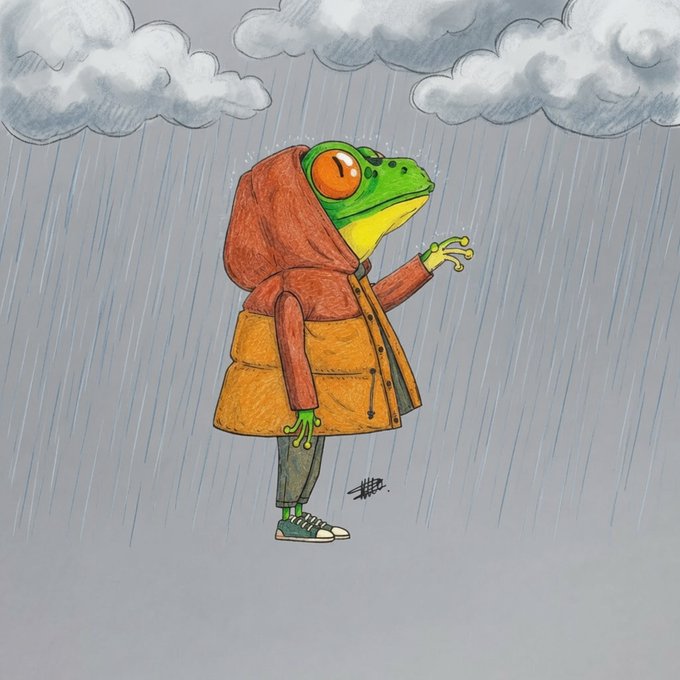 Hand-drawn illustration of a frog character wearing an orange hooded jacket and sneakers, reaching up to catch raindrops falling from gray clouds.