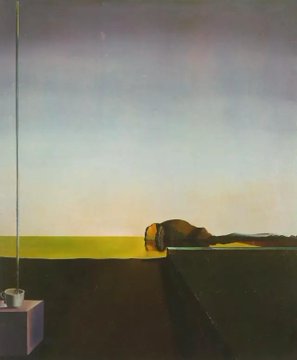 A surreal painting featuring a vast plain, a distant stone structure, and a small pedestal with a cup in the foreground under a pale sky.