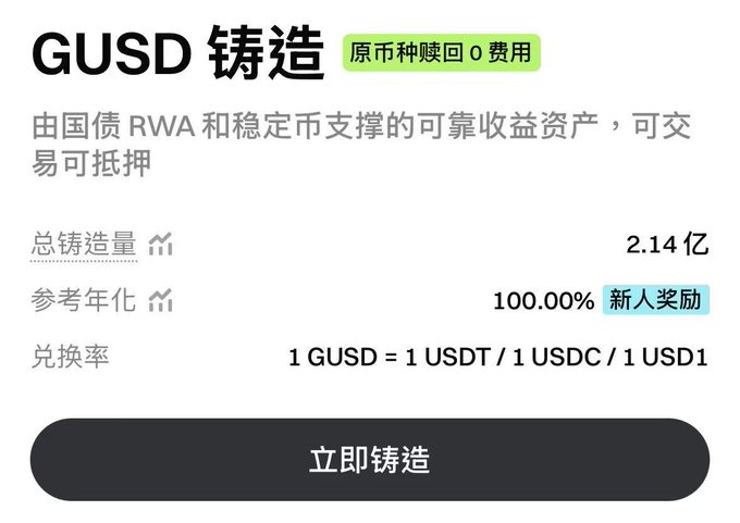 A Chinese-language promotional interface for GUSD (铸造) token minting, showing a total mint volume of 2.14亿, reference annualized yield of 100.00% with a new user reward badge, and an exchange rate of 1 GUSD = 1 USDT / 1 USDC / 1 USD1, with a black '立即铸造' (Mint Now) button.