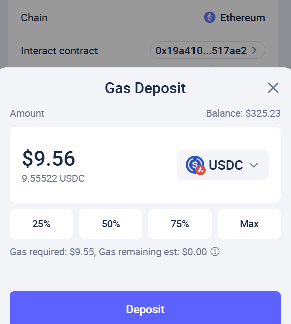 A mobile app interface showing an 'Ethereum' gas deposit for a contract, requiring $9.56 in USDC out of a $325.23 balance.